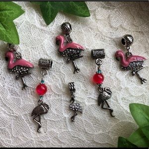 Six Piece Vintage Pink Flamingo Charm Lot: Three Styles for Bracelet or Necklace